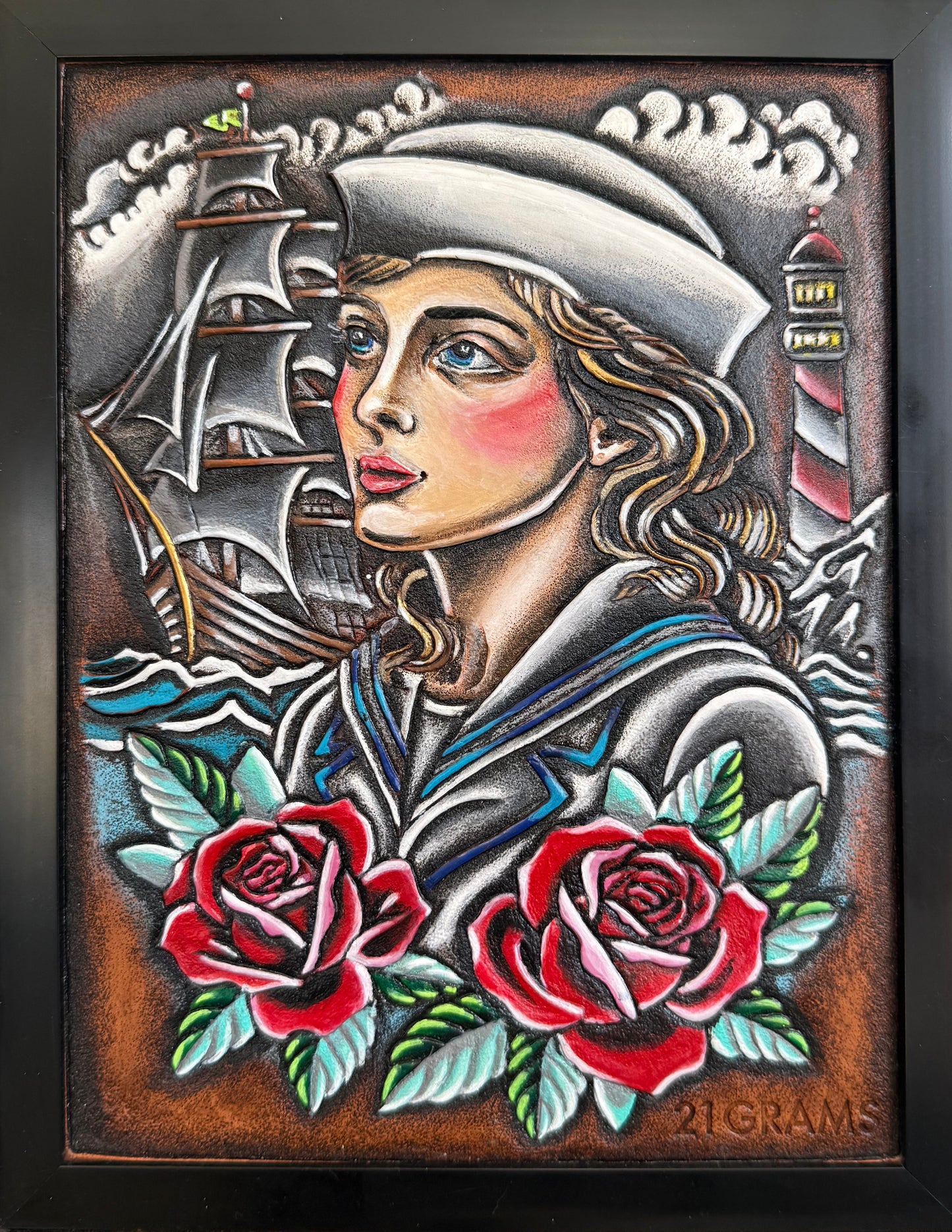 Sailor Girl Leather Artwork – Original Hand Tooled Tattoo Art by 21GRAMS