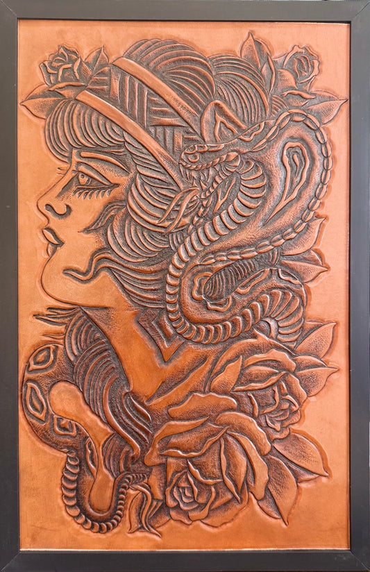 Cobra Girl Leather Artwork – Original Hand Tooled Tattoo Art by 21GRAMS