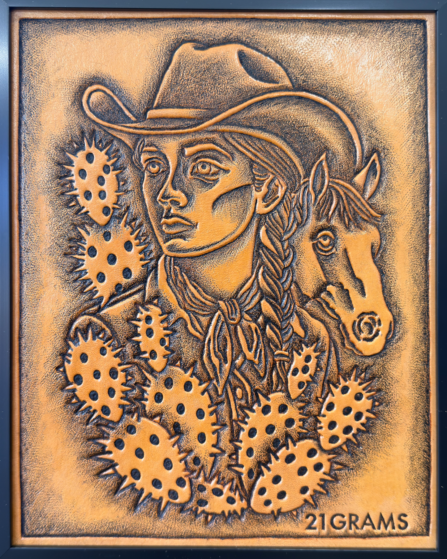 COWGIRL Original Leather Artwork – Western Tattoo Style Art by 21GRAMS