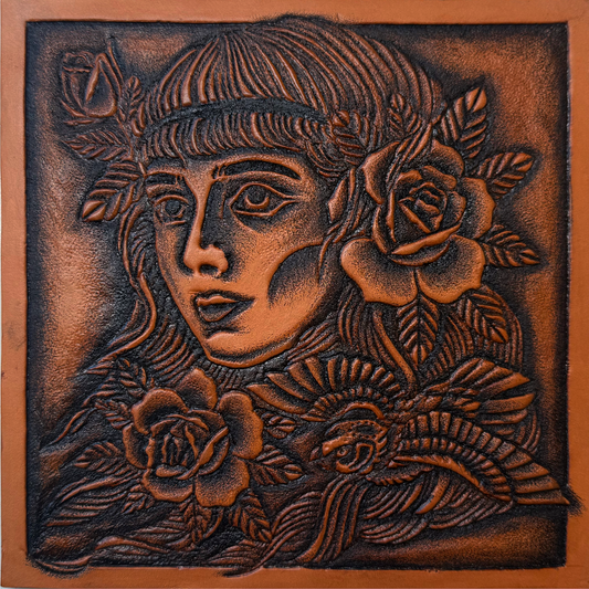 INDIE GIRL Leather Artwork – Original Hand Tooled Tattoo Art by 21GRAMS